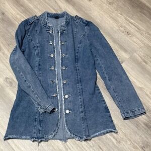 Shein Denim Jean Military Jacket Frayed Edges Silver‎ Buttons Women's Size L